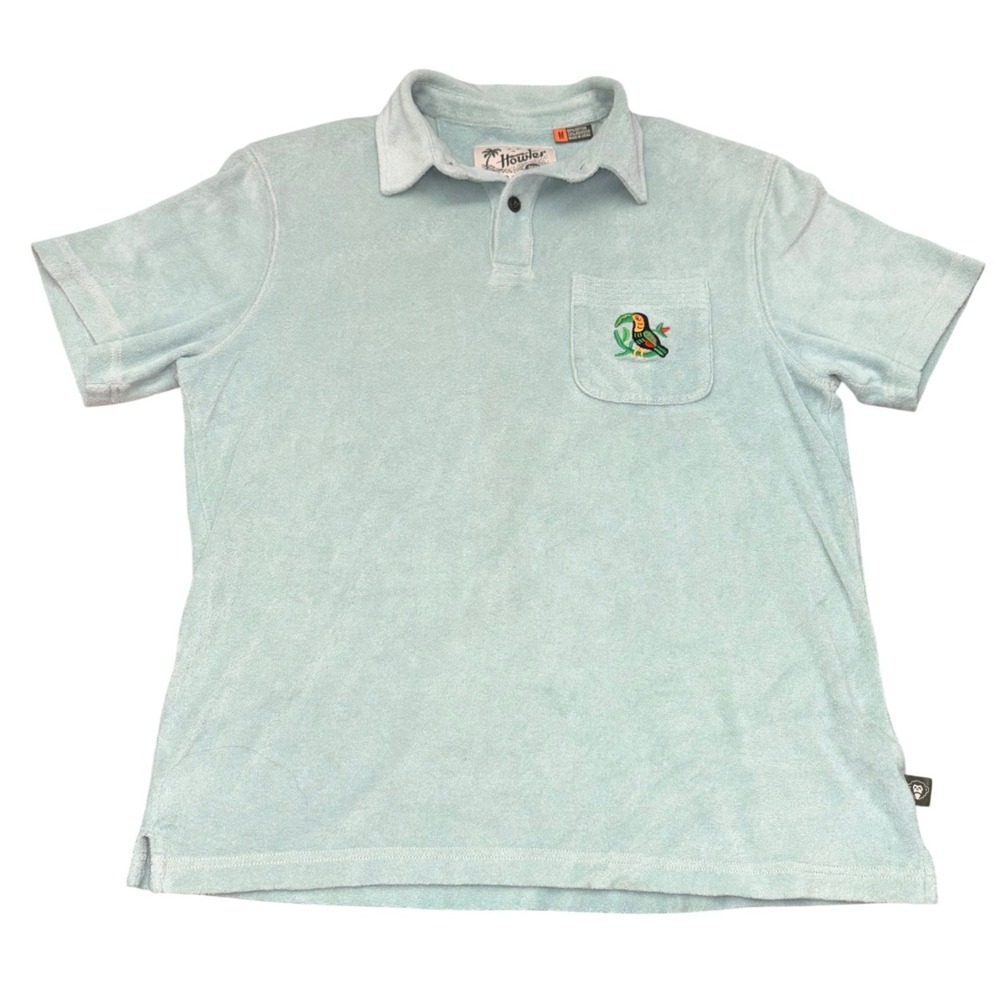 Howler Bros Polo Shirt Mens M Green Terry Cloth Toucan Graphic Beach Surf